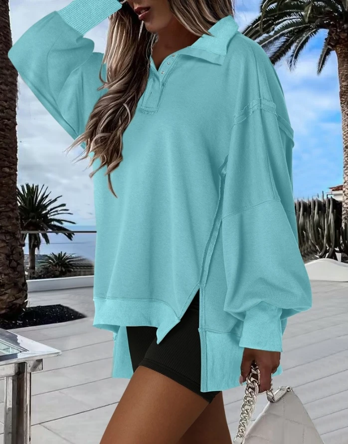 

Women's Blouses 2025 Autumn winter Latest Polo Collar Long Sleeve Sweatshirt Loose Fit Side Slit Dip Hem Top Solid Color T-shirt