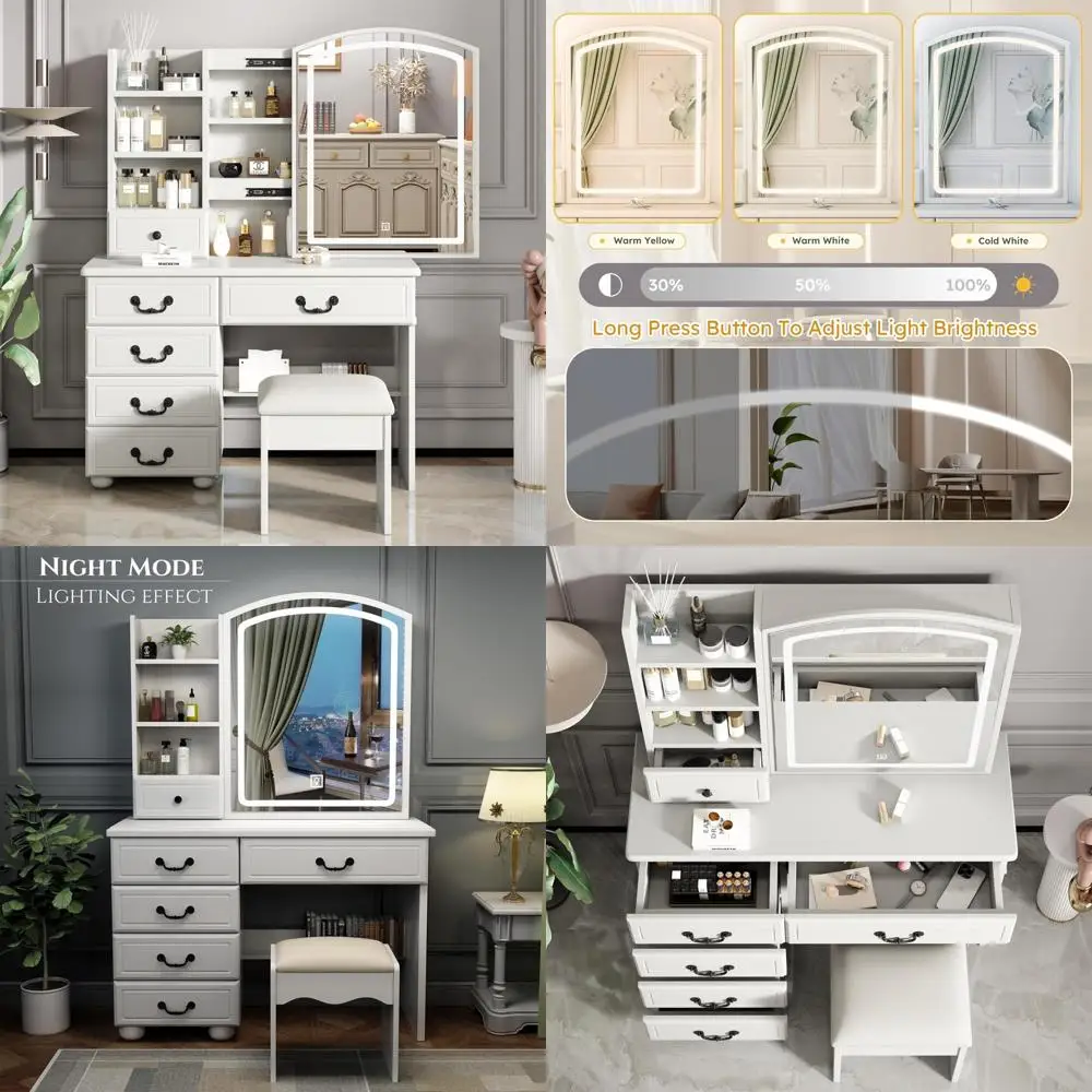 

Белый туалетный столик для макияжа с зеркалом с подсветкой, столиком и табуретом для хранения с 6 ящиками, емкостью 3 л