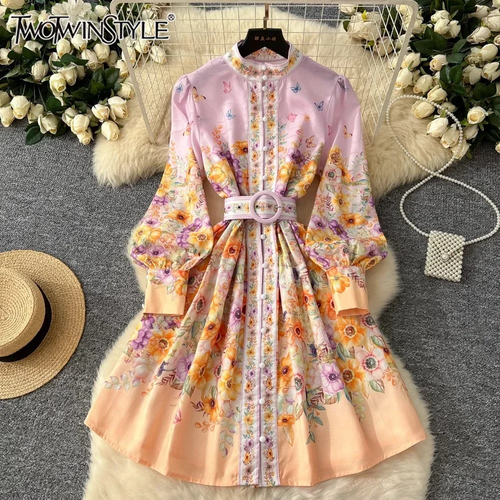 

TWOTWINSTYLE Floral Printted Chic Dress For Women O Neck Long Sleeve Patchwork Sashes Temperament Dress Female Fashion KDR523818