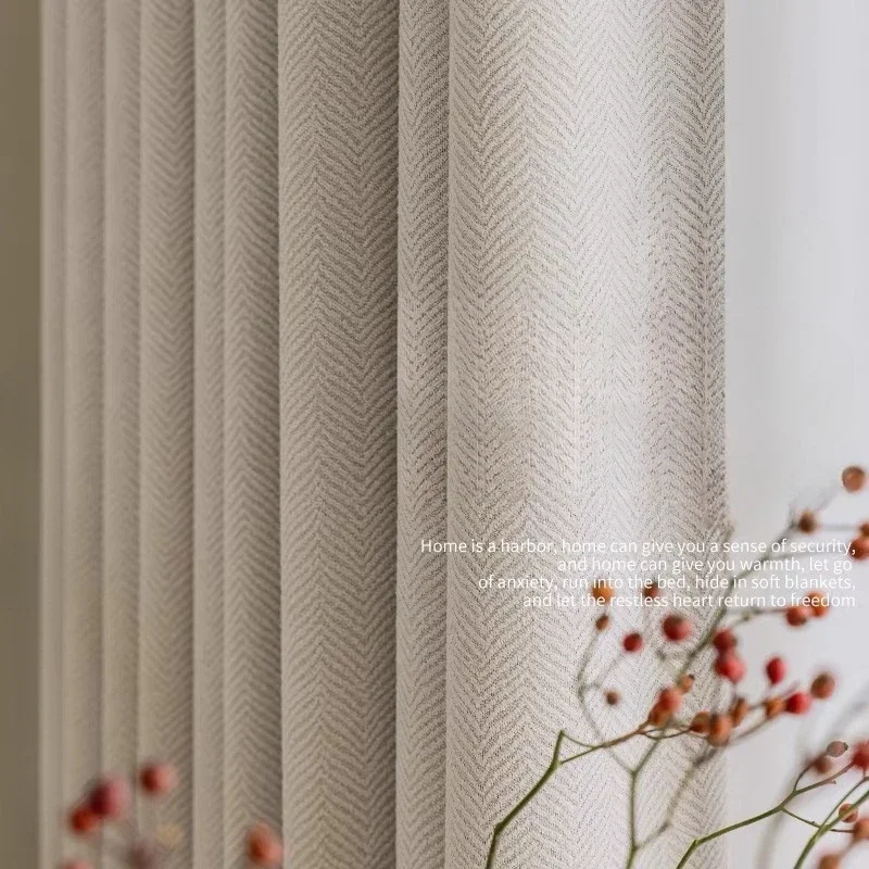 European Style Minimalist Luxury Curtain for Living Room Bedroom Dining Room Fish Bone Pattern Cream Wind Shading Curtain Window