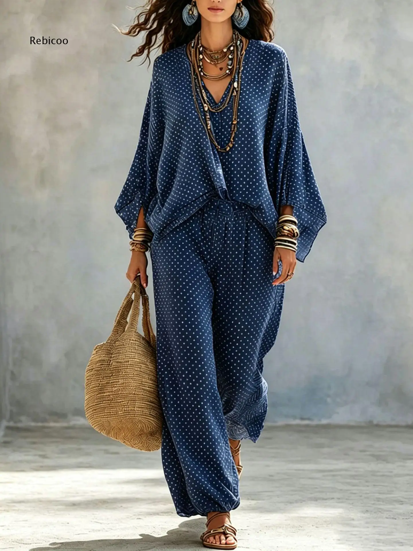 Navy Blue Polka Dot Matching Set Featuring Batwing Sleeve Top And Wide Leg Trousers For Women For Resort And Street Style Looks