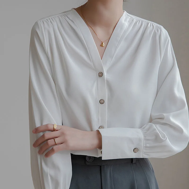 

Blusas Mujer De Moda 2022 V-neck Satin Blouses Shirt Female Elegantes White Long Sleeve Top Chiffon Solid Button Clothing Femme