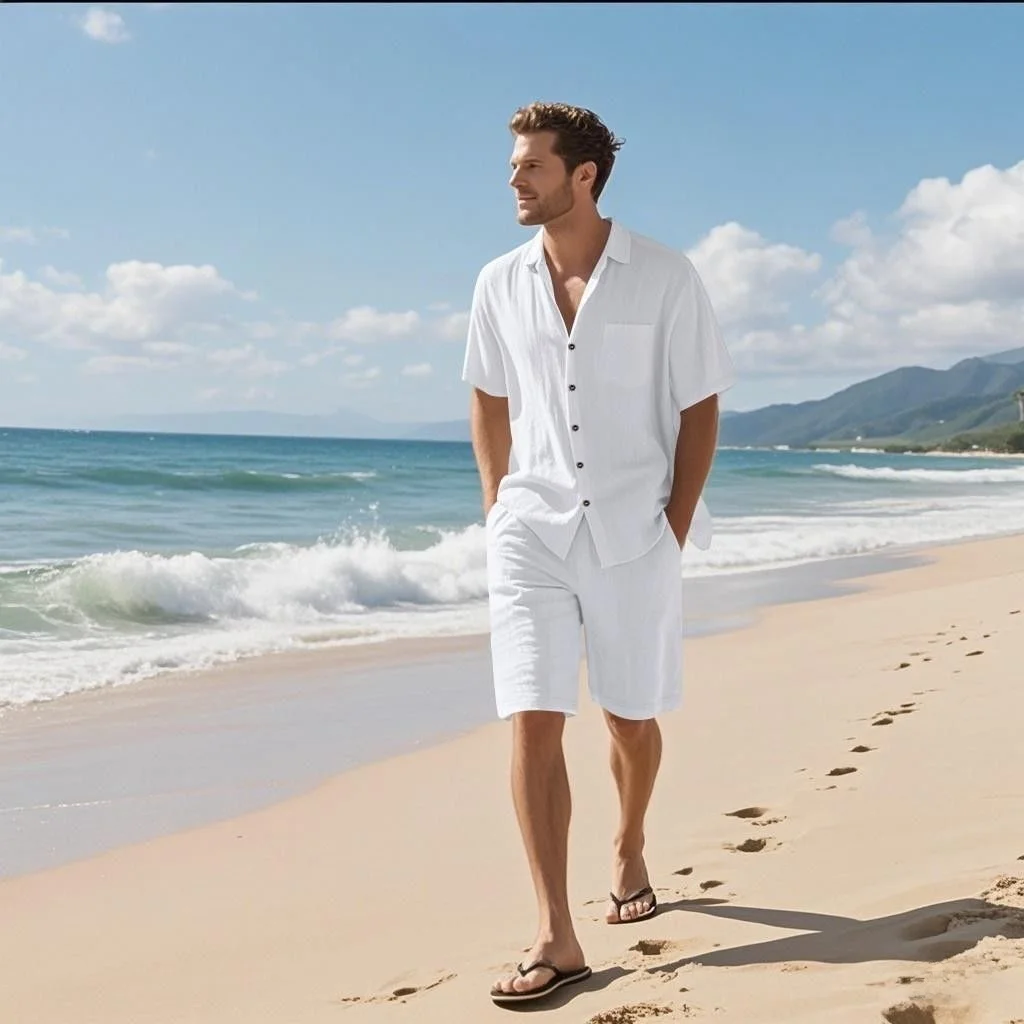 Summer Men's Casual Short Sleeve Shirt And Shorts Set Pure Color Pants Two-Piece Set Lightweight Luxury Trendy Cotton Linen B...