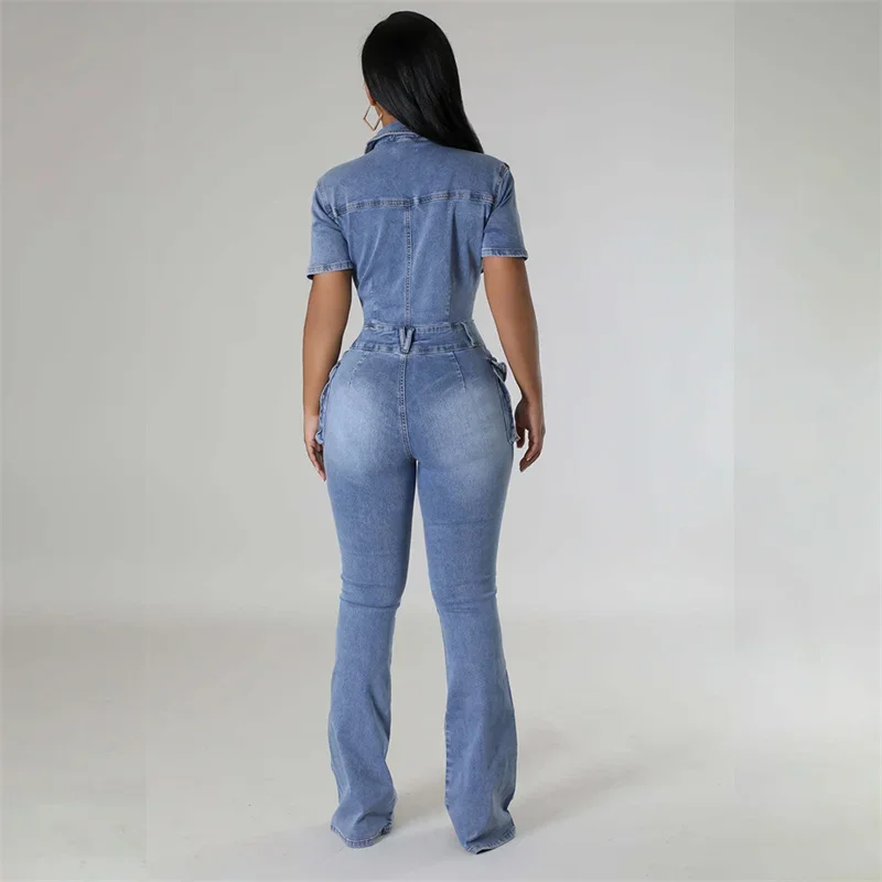 Women Fashion 3D Pocket Splicing Denim Jumpsuit Slim Fit Single-breasted Half-open Short Sleeve Rompers Female Casual Streetwear