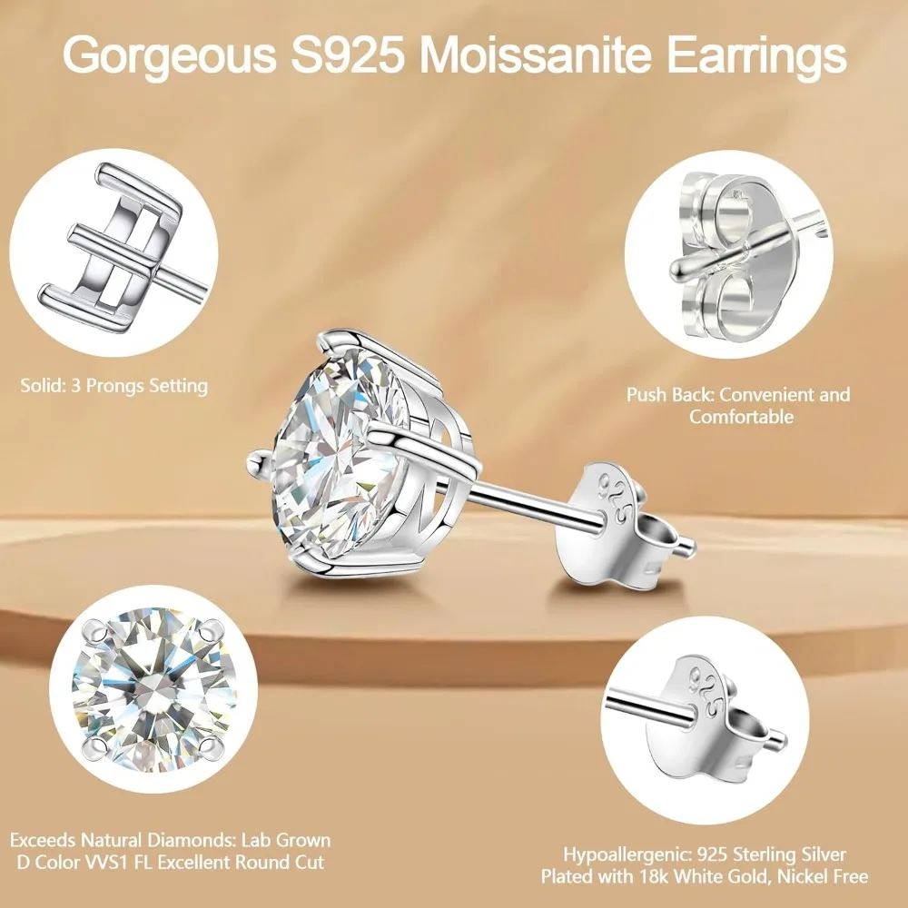 Moissanite Stud Earrings for Women, Lab Created Diamond Solitaire Earrings Gold Vermeil 925 Sterling Silver Jewelry Gift Women M