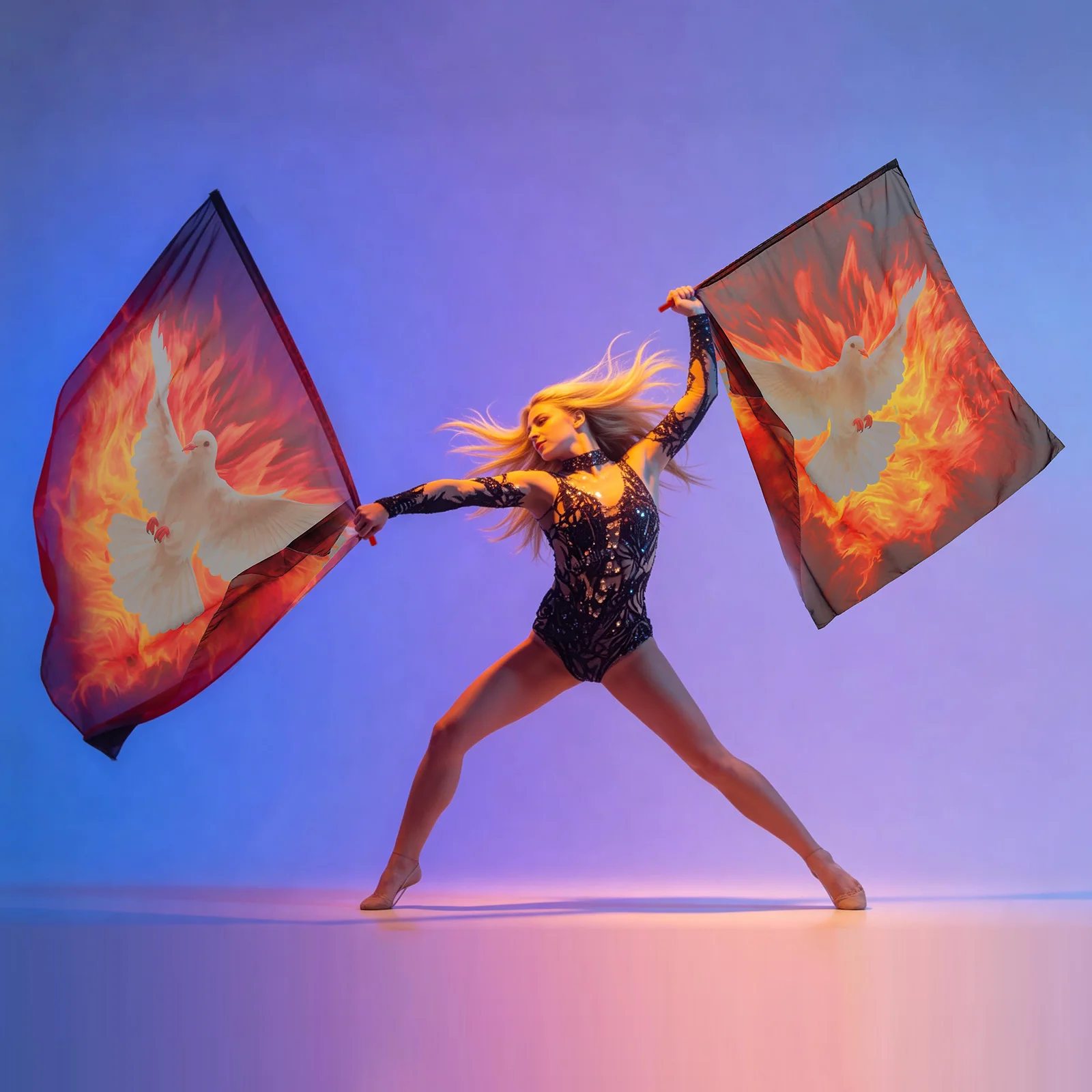 2Pcs Worship Dance Flag Portable Semicircle White Dove Fire Worship Flag with Telescopic Rod and Storage Bag for Festival Stage
