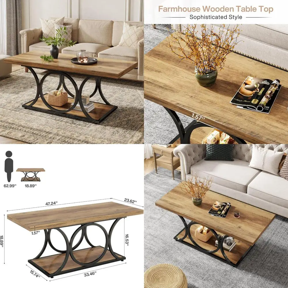 

Rustic Farmhouse Style Coffee Table 47.24-inch, Two-tier Wooden Living Room Furniture with Geometric Design