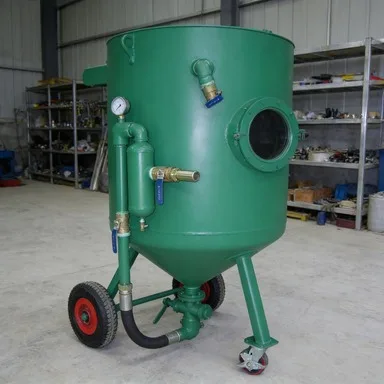 

Полный комплект пескоструйного аппарата с пистолетом, шлангом и защитным костюмом, готовый к работе