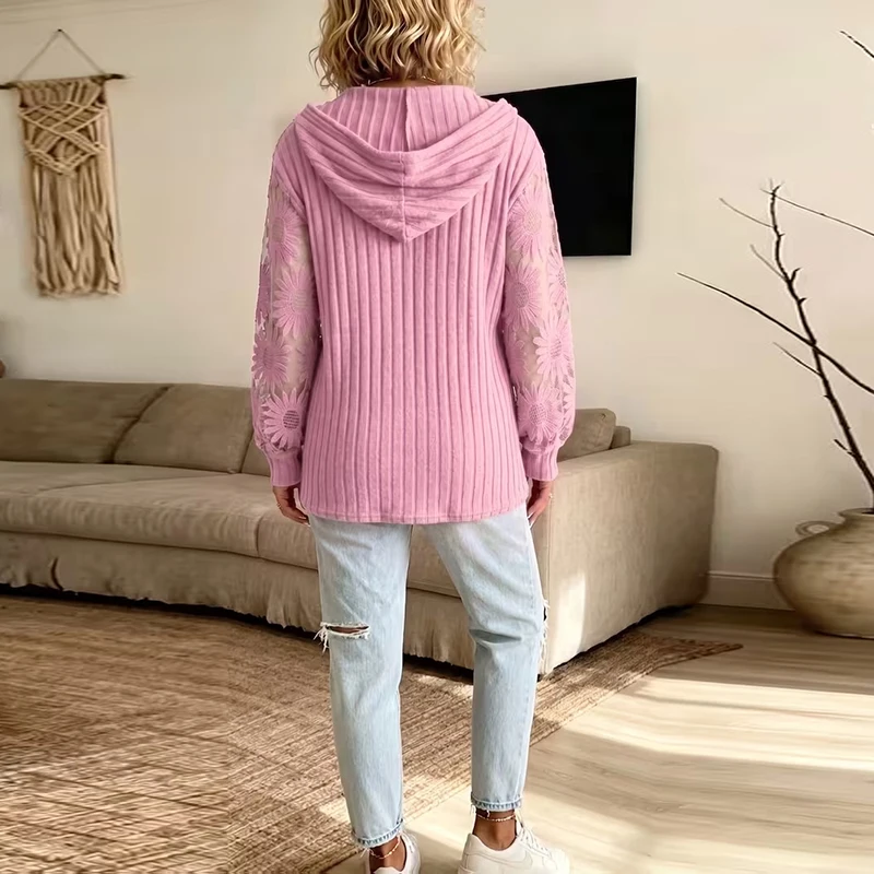 New Fashion Women Tshirts Drawstring Hooded Long Sleeve Tops Tee Lace Ribbed Knitted Casual Loose Women T Shirt Lady Pullovers