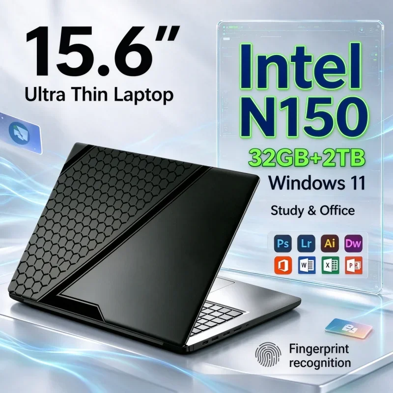 15.6 Inch Lightweight Portable Office Laptop Intel N150 Windows11 32GB RAM 1TB 2TB SSD Ultra Slim Notebook For Daily Home Office