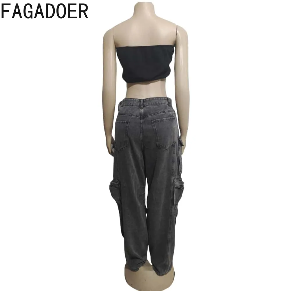 Fagadoer-Calças Femininas Perna Larga Cargo, Calças Lisas Baggy, Calças Jeans, Bolsos, Tie Dye, Black Streetwear, Y2K