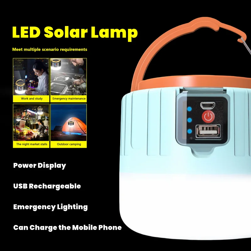 Outdoor LED Solar Lamp USB Rechargeable Camping Lantern Emergency Repairing Light with Remote Control Super Bright Night Bulb