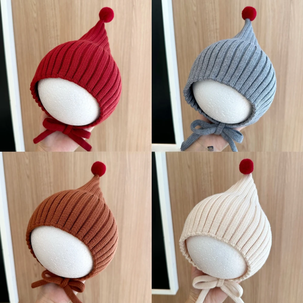 

Baby Knitted Elf Hat Kids Autumn Winter Outdoor Hat with String Soft Warm Beanie Fashionable Pointed Earmuff Hat MINISO