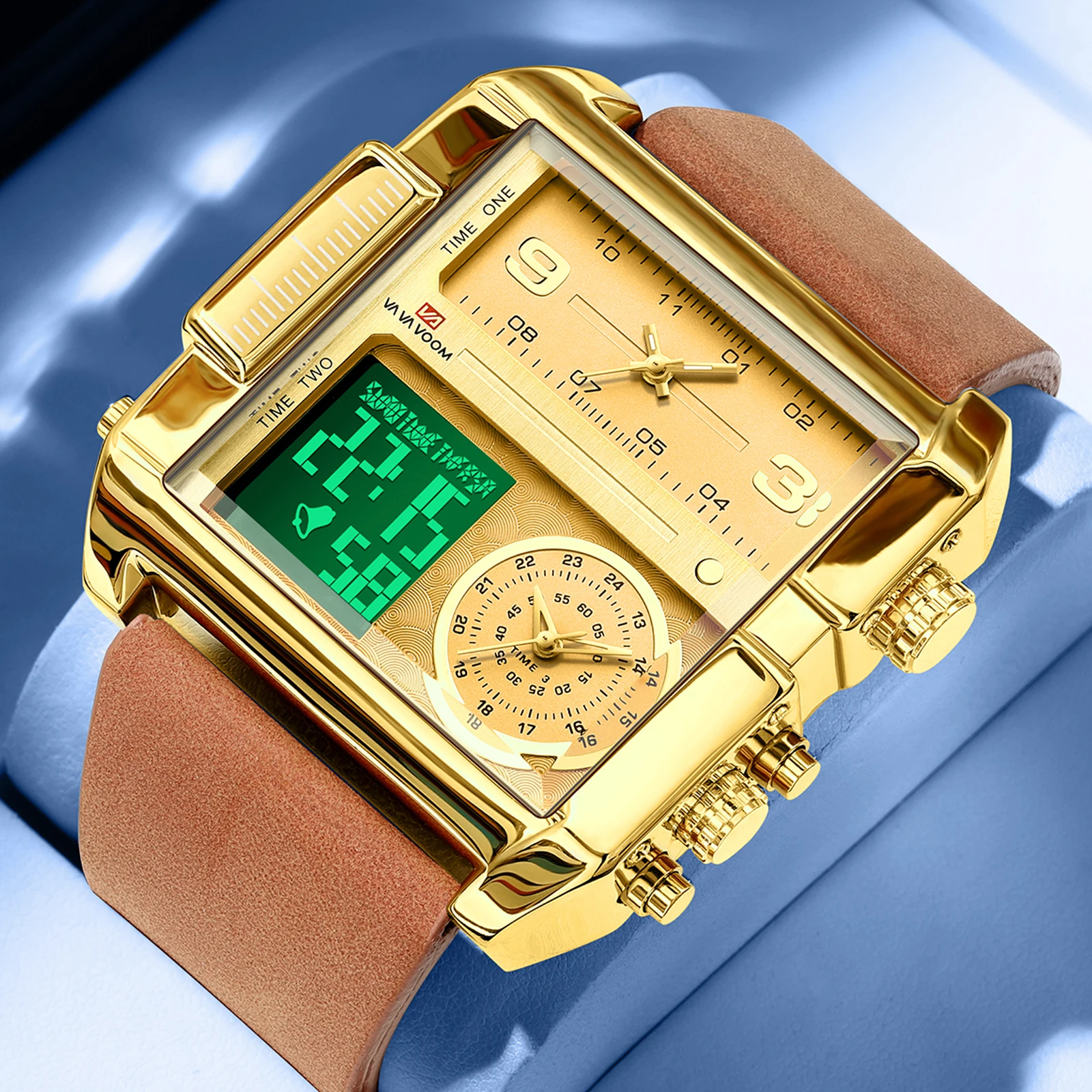VA VA VOOM Multifunctional Watch Men Square Analog Digital Dial Leather Strap 3Bar Waterproof Fashion Sports Timing Quartz Watch