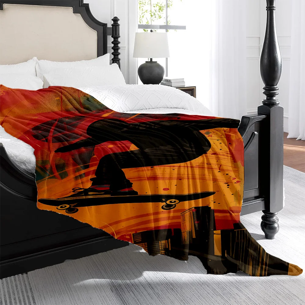 1pc Skate-Themed Teen Plush Quilted Blanket - Soft Warm All-Season Bedspread with Skater & Silhouette, Color-Block Design