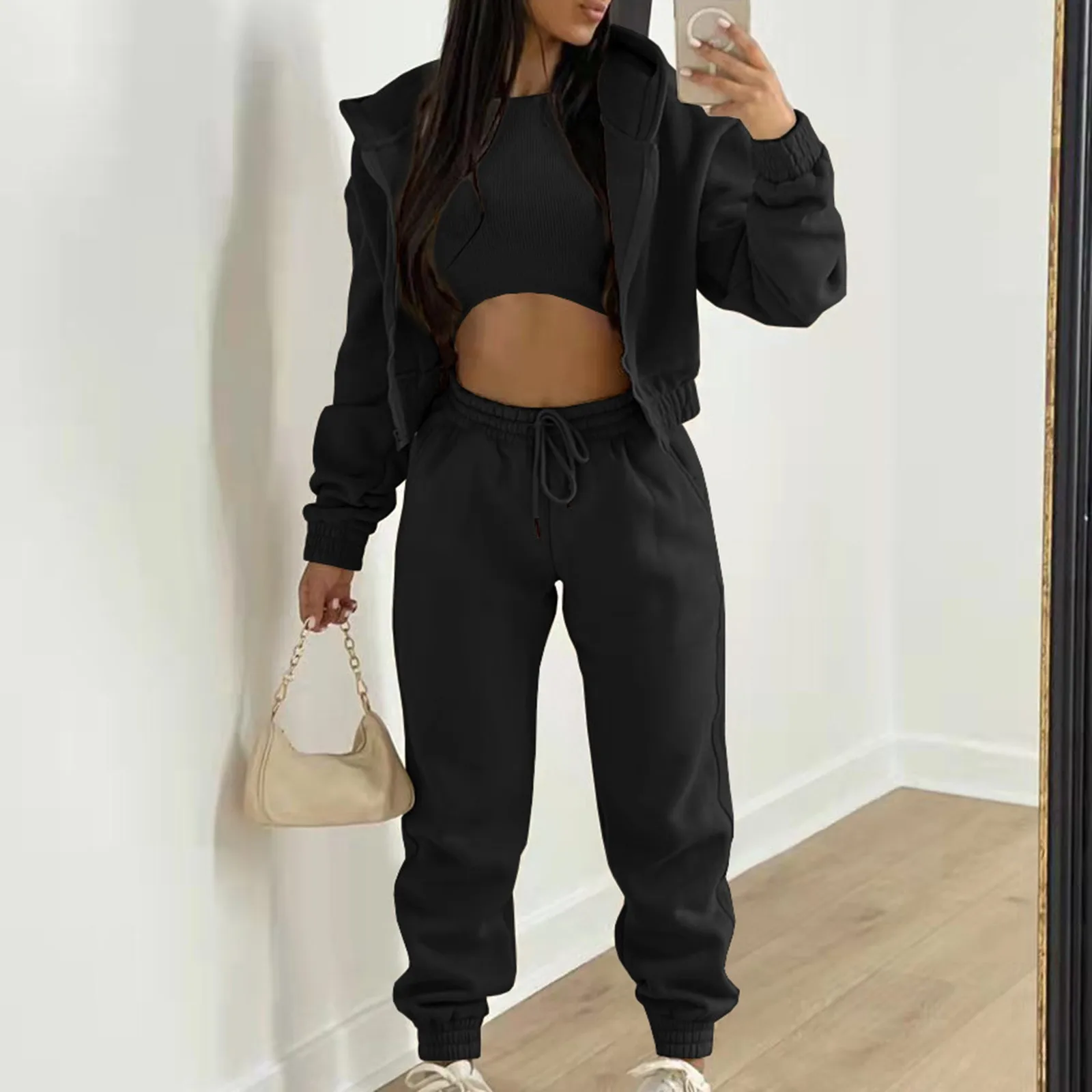 Women 3 Piece Sets Casual Long Sleeve Zip Hoodies+Ribbed Tank+High Waist Sweatpants Jogger Pant Suits Sporty Three Pieces Outfit