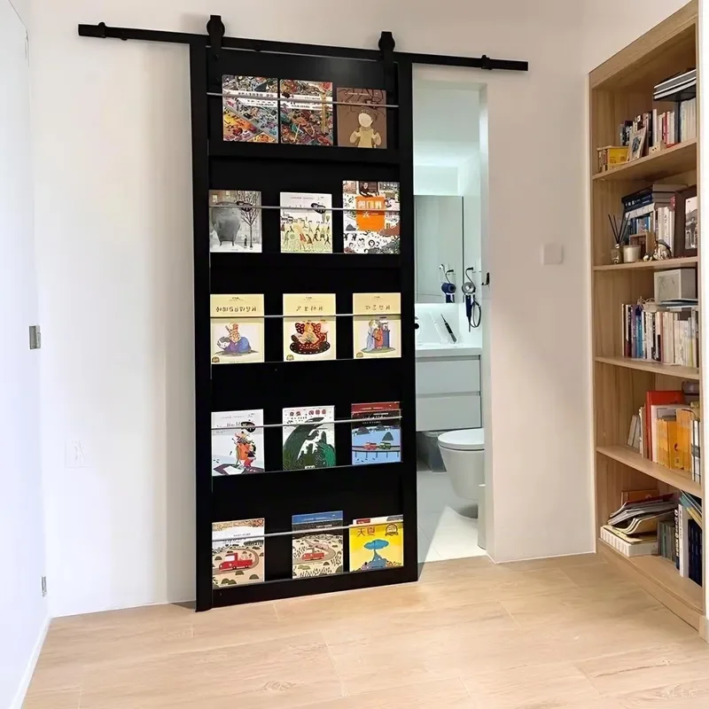 Solid Wood Composite Sliding Barn Door Bookshelf Style Invisible Shifting Door with Sound Insulation 200 Plus Colors Optional