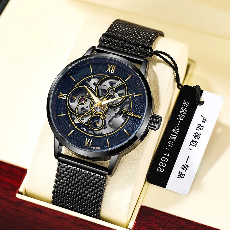 Stainless Steel Black Tech Series Dual Skeleton Tourbillon Luminous Waterproof Self-Wind Automatic Watch for Men