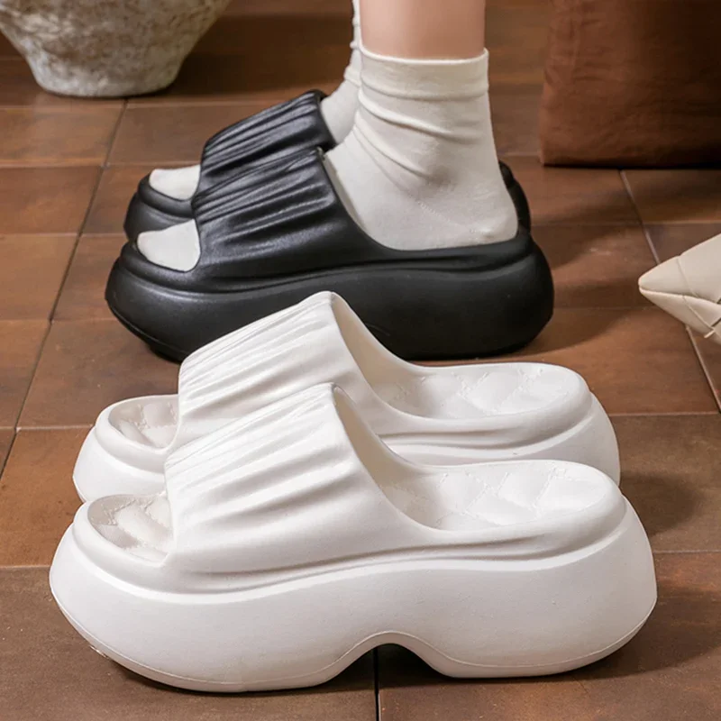 

7cm High Heels Thick Bottom Slippers Women Summer 2026 Chunky Platform Eva Sole Sandals Woman Pleated Wedge Heels Shoes Slides