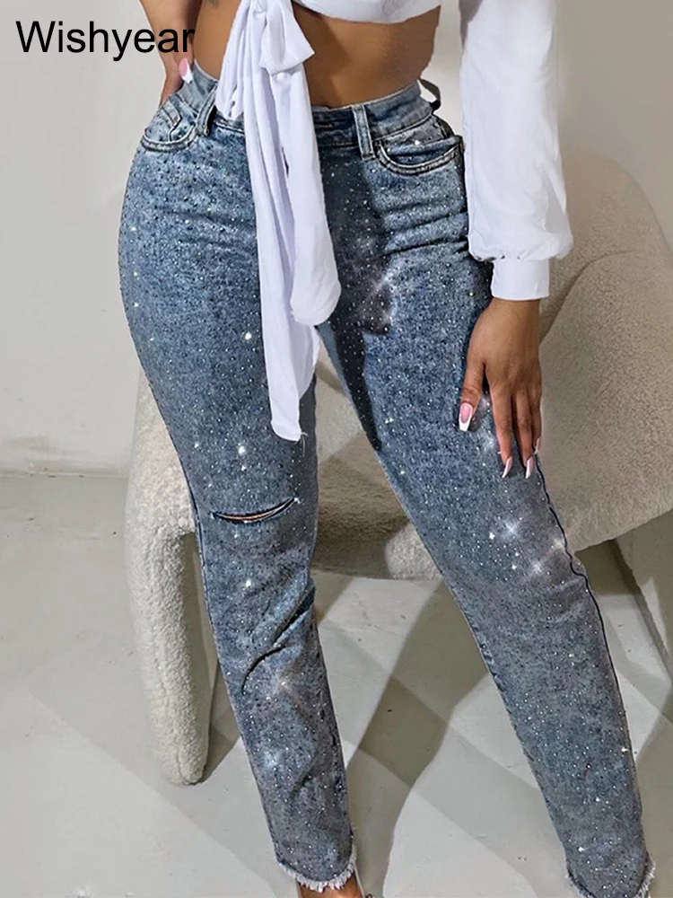 أزياء نحيل جينز سترتش للنساء الفاخرة الماس هول سروال رصاص عالية الخصر غسلها الشارع الشهير Y2k الشارع الشهير بنطلون #2