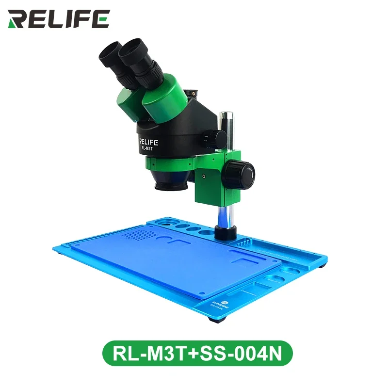 RELIFE RL-M3T+SS-004N 7X-45X Zoom Matched Trinocular Stereo Microscope With HDMI Camera LED Light for Mobile Repair Microscope