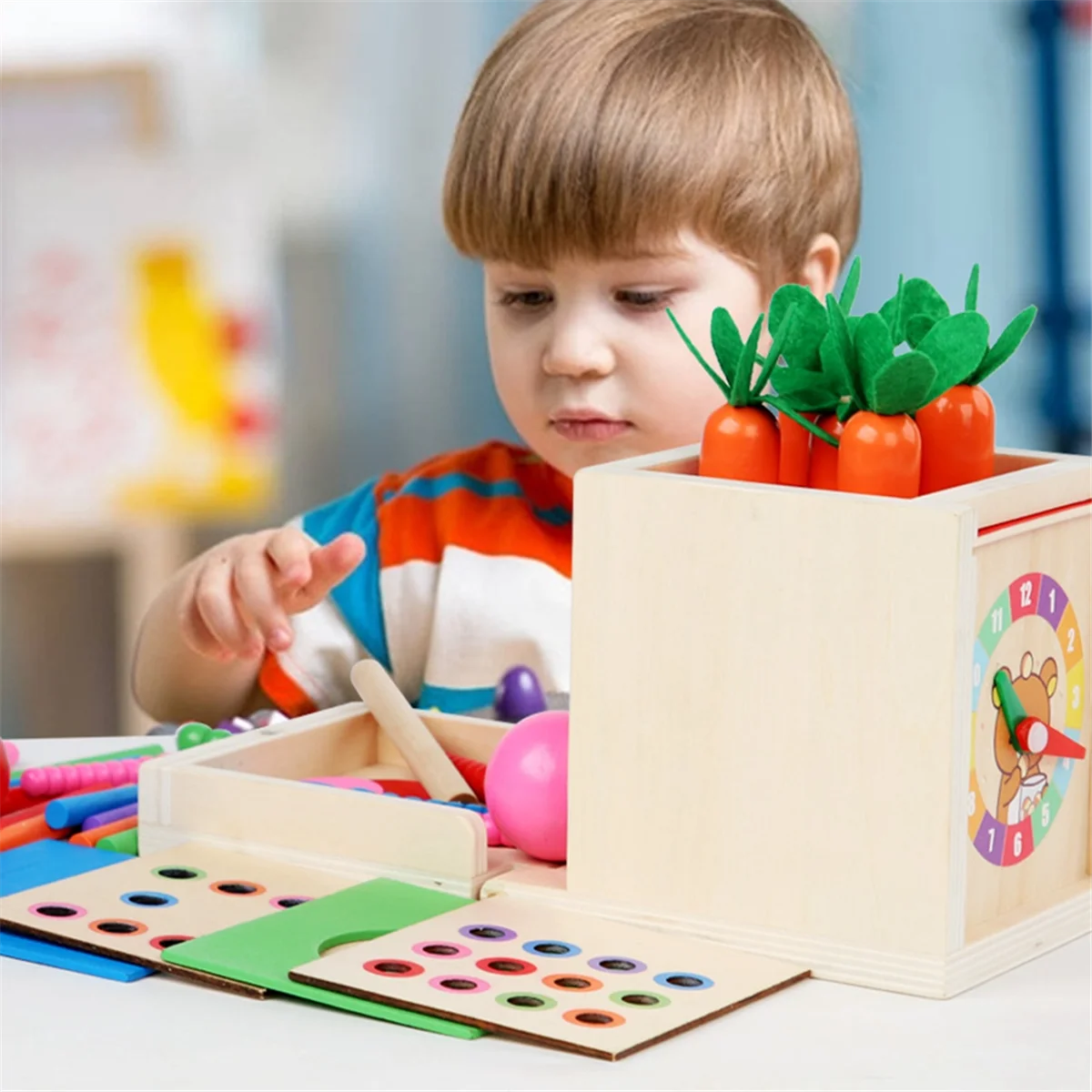 Kit de brinquedo montessori de madeira 6 em 1, caixa de permanência de objeto, conjunto de jogo com caixa de moedas, colheita de cenoura, bola classificadora, brinquedo n03r