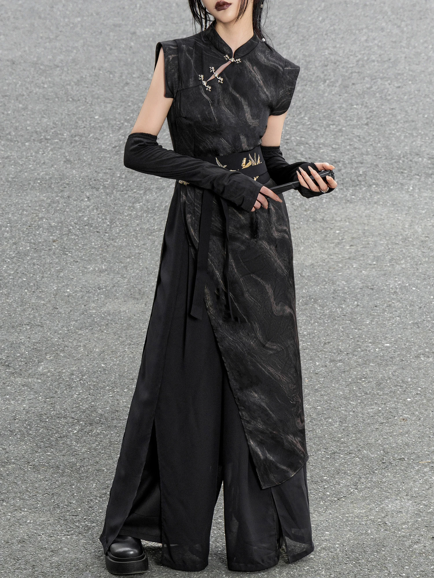 

Bla Water Pattern Gold Emed Модифицированный флаг для похудения с высоким разрезом Dr Vintage Sle Длинный косой воротник Полиэстер...