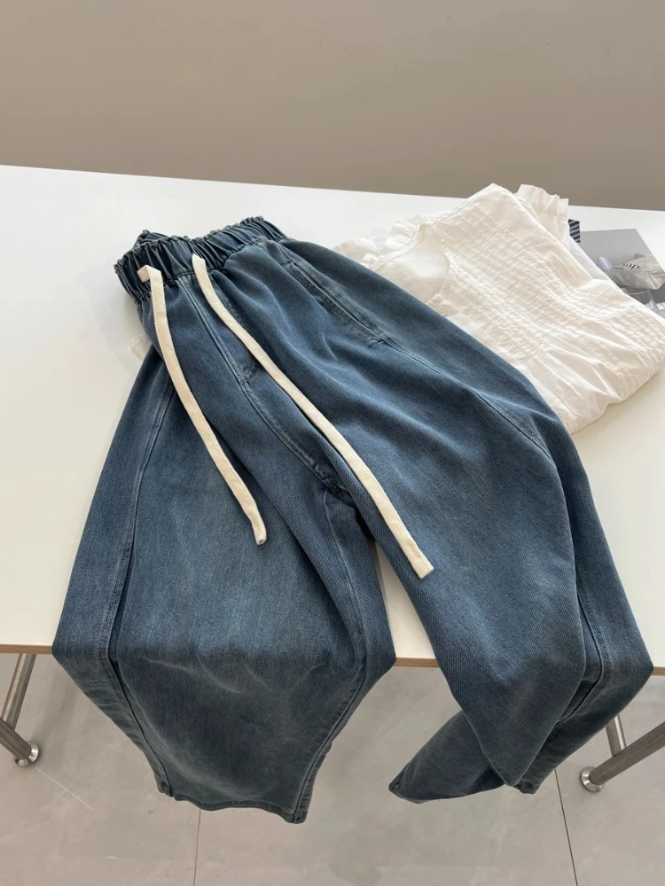 Elastic Waist Drawstring Loose Lazy Casual Trousers Japanese Draped Women Denim Straight Pants Spring Summer Student For Daily