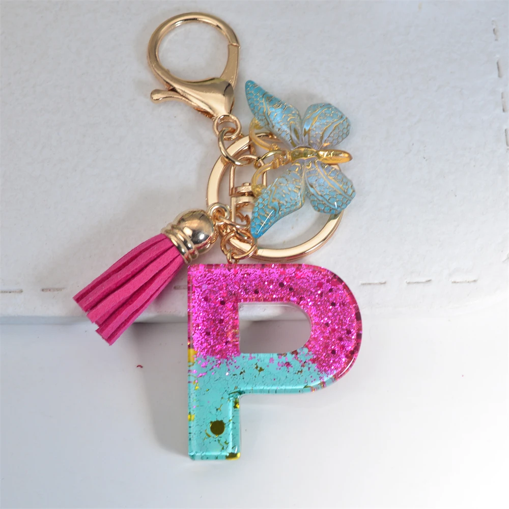 Pink Blue Color Letter Keychain Women Purse Decor Resin Sequin Initial Alphabet Key Rings With Tassel Butterfly For Couple Gifts