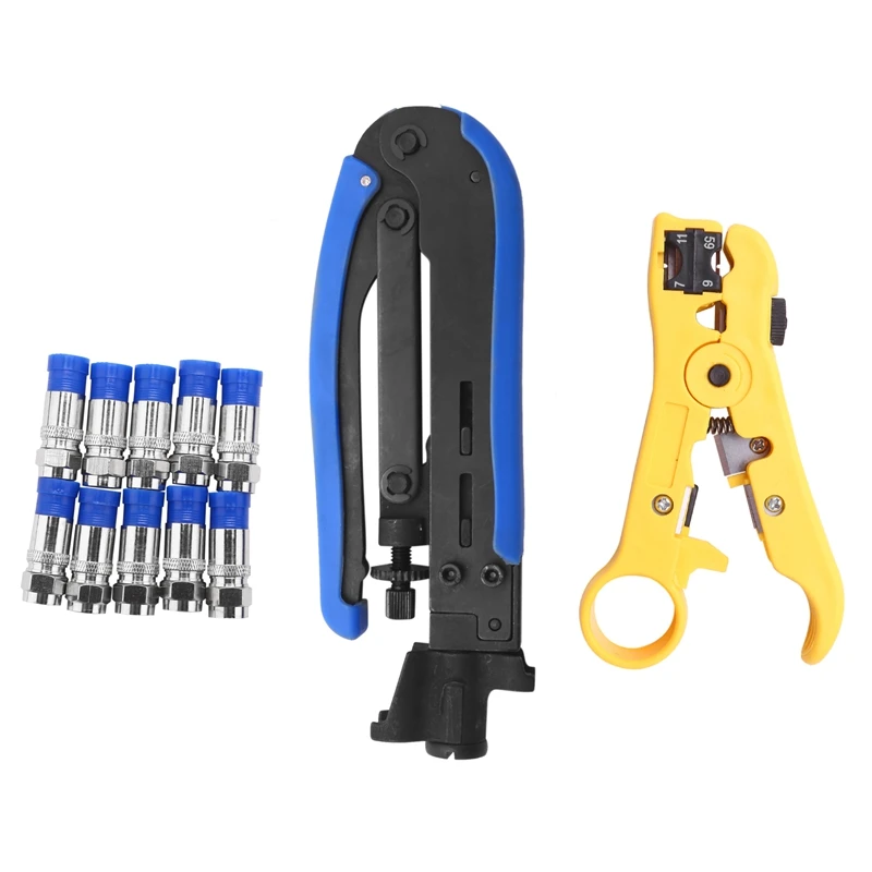 Compression Tool Coax Cable Crimper Kit Adjustable Rg6 Rg59 Rg11 75-5 75-7 Coaxial Cable Stripper With 10 Pcs F Compression Conn