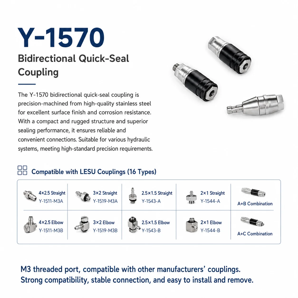 LESU Two-Way Seal Quick-Connect Oil Nozzle Stainless Steel Hydraulic Quick-Connect Coupling Y-1570 Model Hydraulic System Access