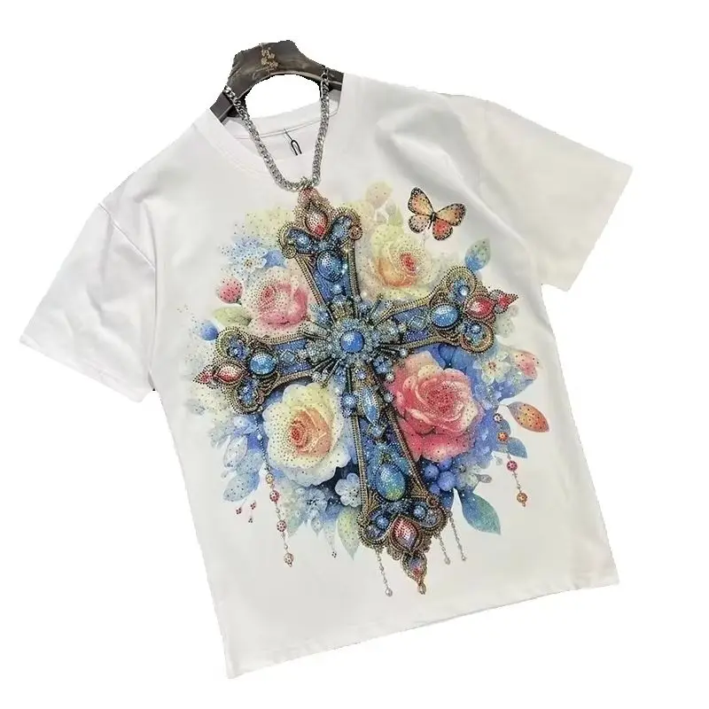 Summer Flowers Rhinestone Print Men O Neck Short Sleeve T Shirts Fashion All-match Casual 2xl Oversized Streetwear Black White