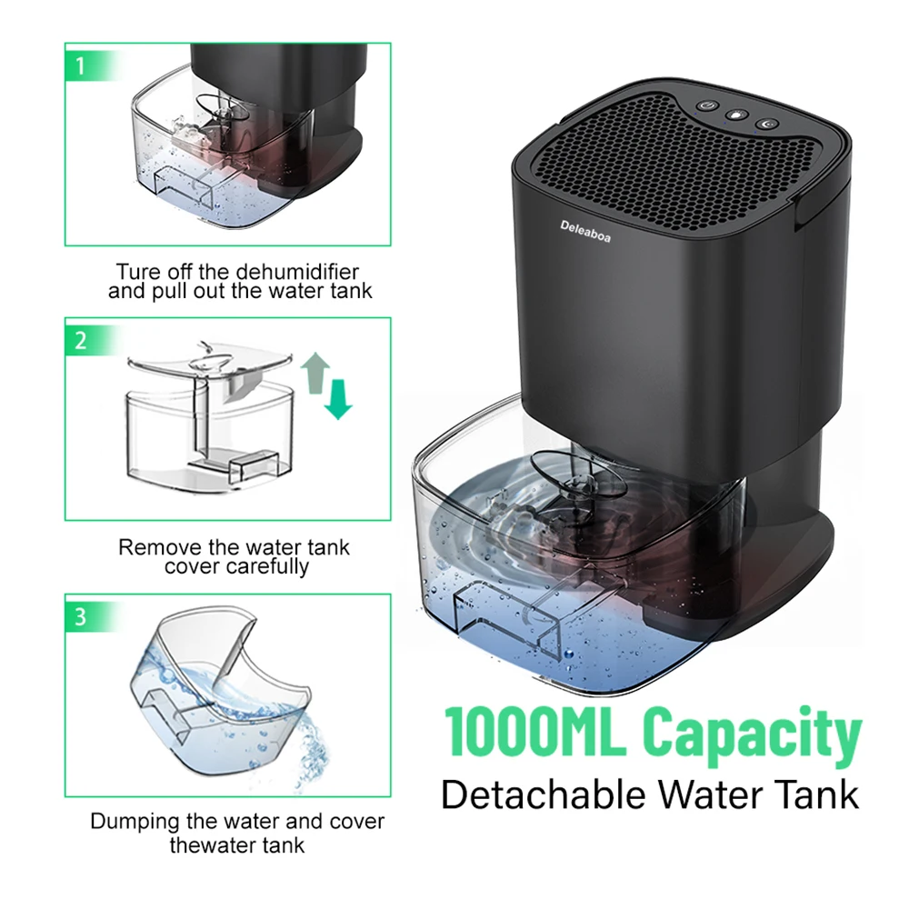 Deshumidificador doméstico de 1000ml, secador de aire silencioso, absorbente de humedad, secador de aire eléctrico con tanque de agua móvil para dormitorio, cocina y oficina