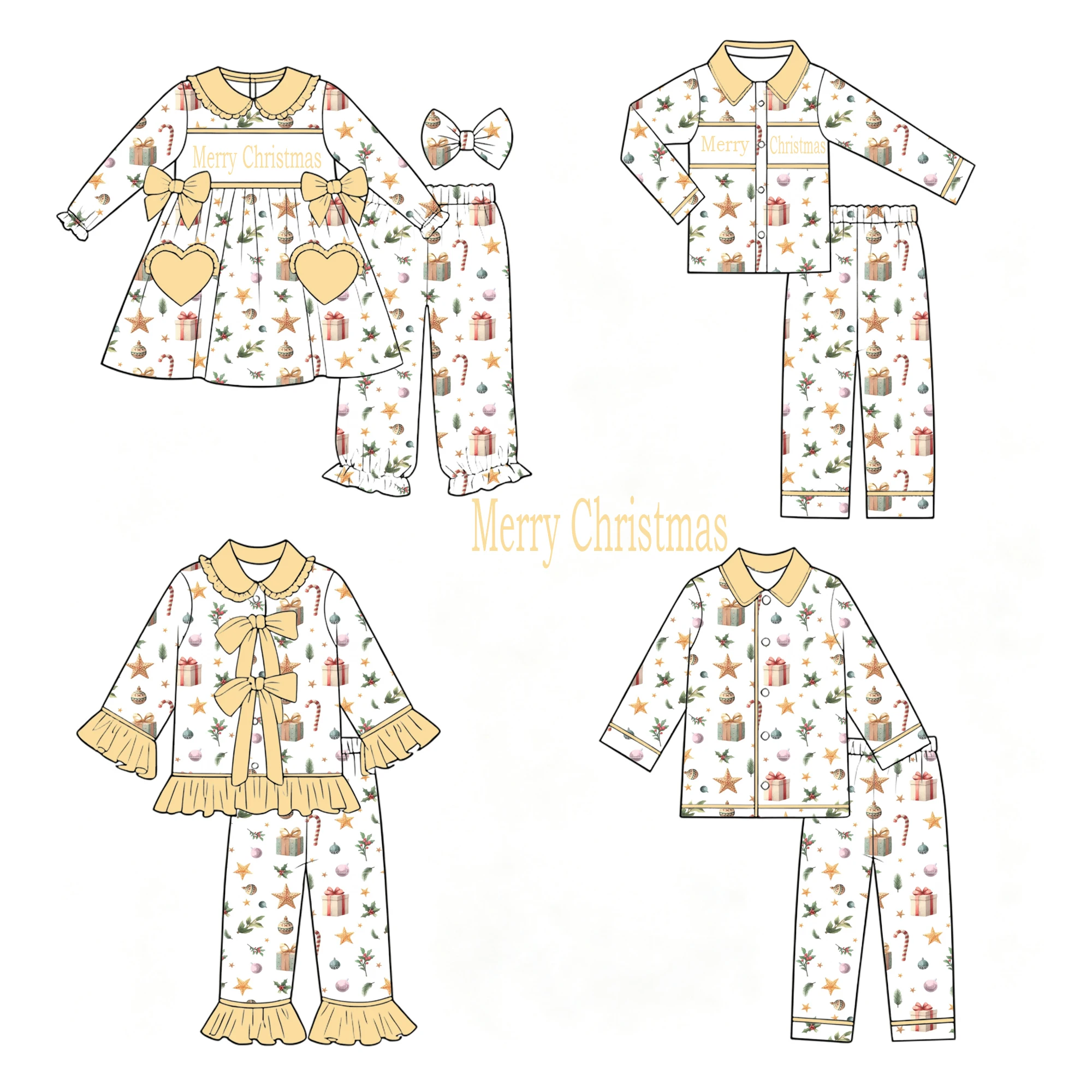 New High-Quality Children's Set Long-Sleeved And Trousers For Girls And Boys Lapel Sets Striped Cartoon Bow Print Christmas Set