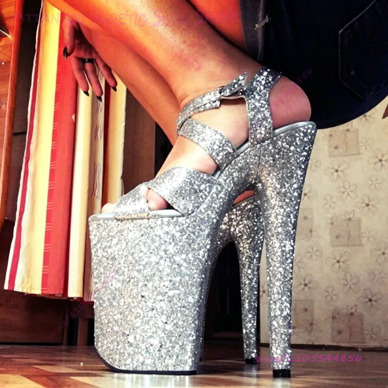 Blue Glitter 23cm Glitter Sandals Stiletto Open Heel 9 Inch Pole Dancing Crystal Sparkling Pump Platform Woman Stage Summer Shoe