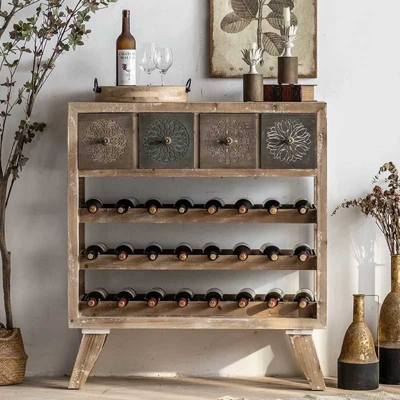 

Retro old carved wooden wine cabinet, American multi-functional storage small cabinet, homestay bar porch rack