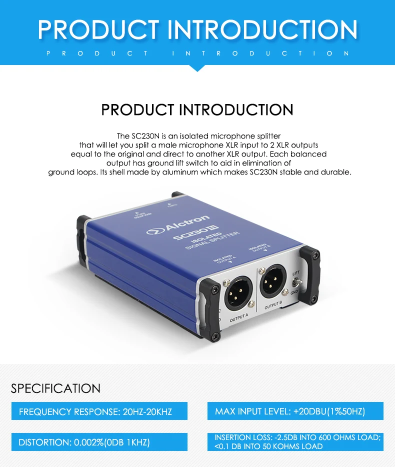 Alctron SC230N Professional DI Box microphone splitter split a male microphone XLR input to 2 XLR output