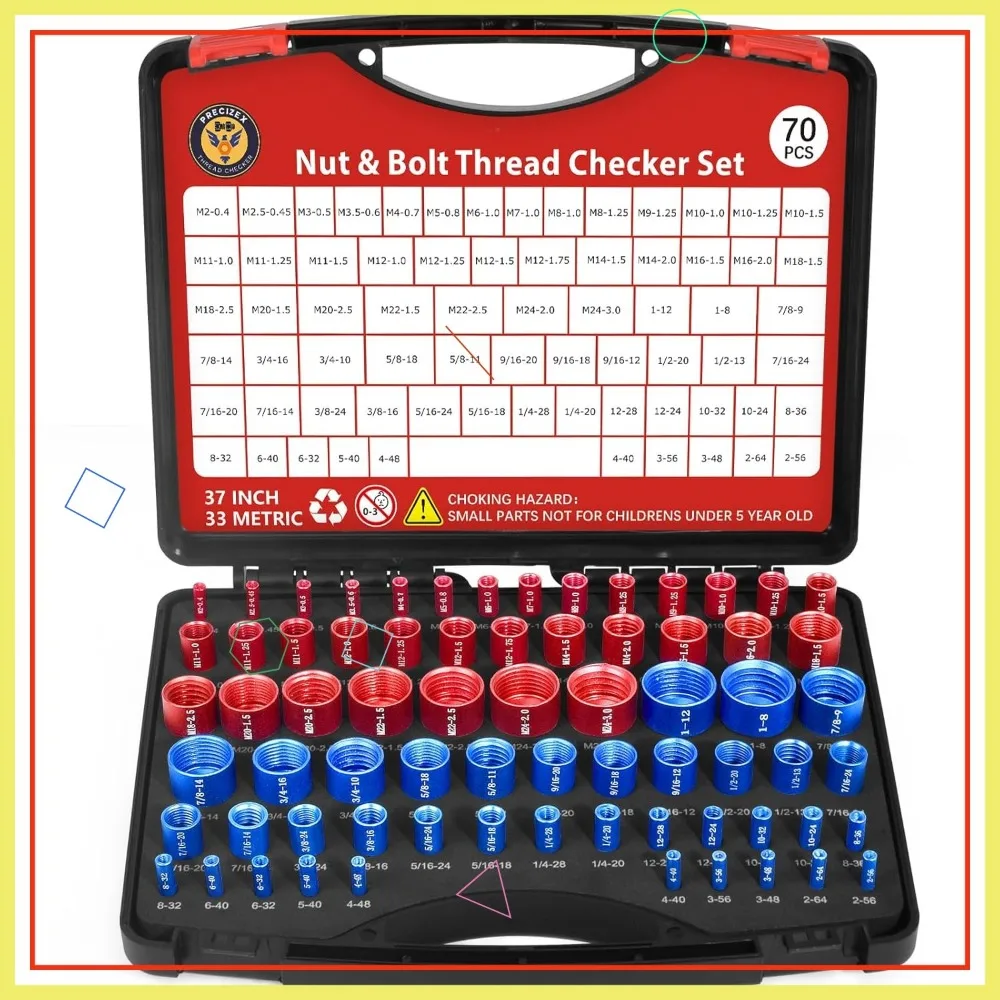 

70 Pcs Thread Checker Set SAE & Metric, 37+33 Piece, Tight Space Bolt Nut Gauge