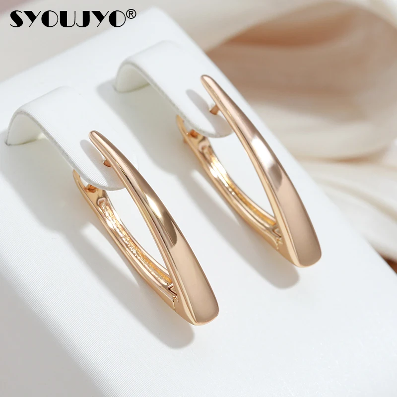 SYOUJYO Simple Glossy V Shape English Earrings For Women 585 Rose Gold Color Classic Jewelry Gift