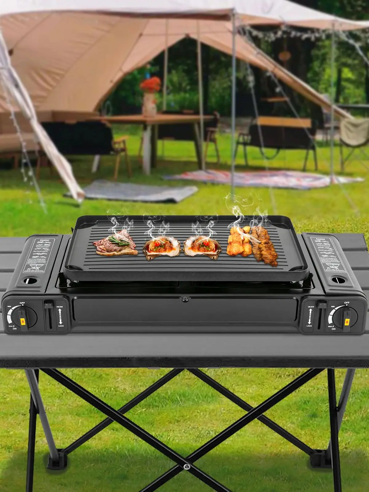 2500W Draagbare Campingkachel met 2 Branders, Bakplaat & Draagtas, geschikt voor Butaan of LPG, voor thuisgebruik en buitengebruik - afbeelding 2