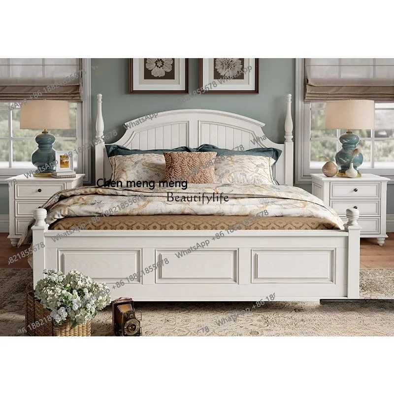 

American-style Solid Wood Country Master Bedroom Light Luxury Vintage White Storage High Box Bed