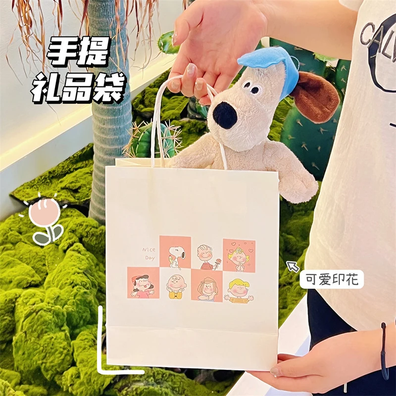 5Pcs White Kraft Paper Gift Bags Cute Printed Paper Tote Bags High Quality Clothes Store Shopping Bags 18x8x21cm Party Favor Bag