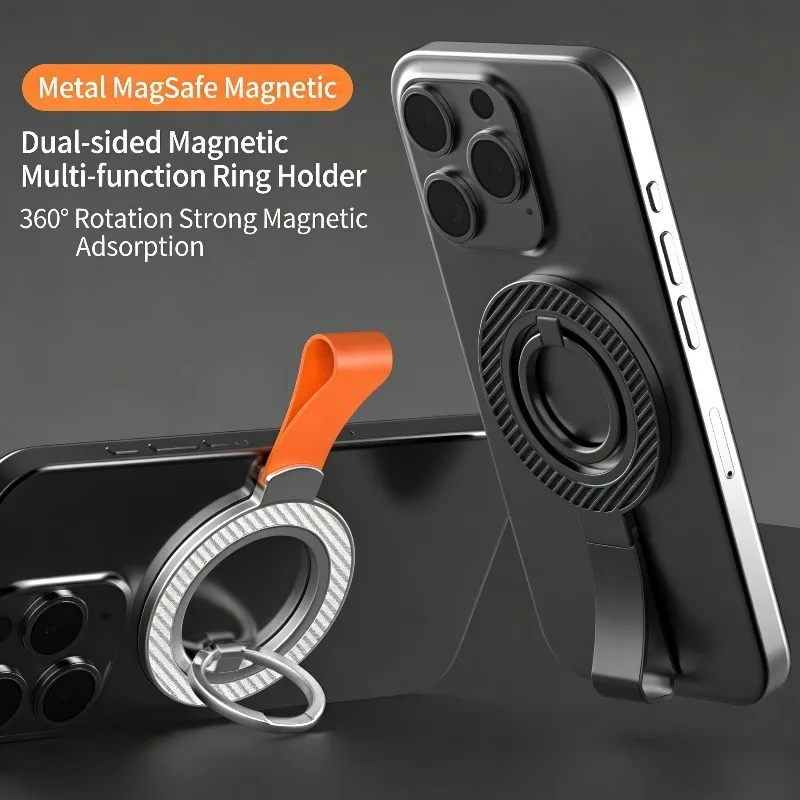 

Magnetic Phone Ring Holder 360 Rotation Carbon Fiber Finger Grip with Lanyard for MagSafe iPhone Android Desktop Stand Daily Use