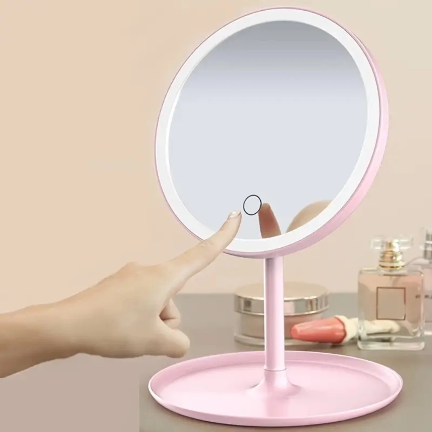 

Compact and convenient high definition portable cosmetic makeup mirror with rechargeable battery. Adjustable touch control LED r