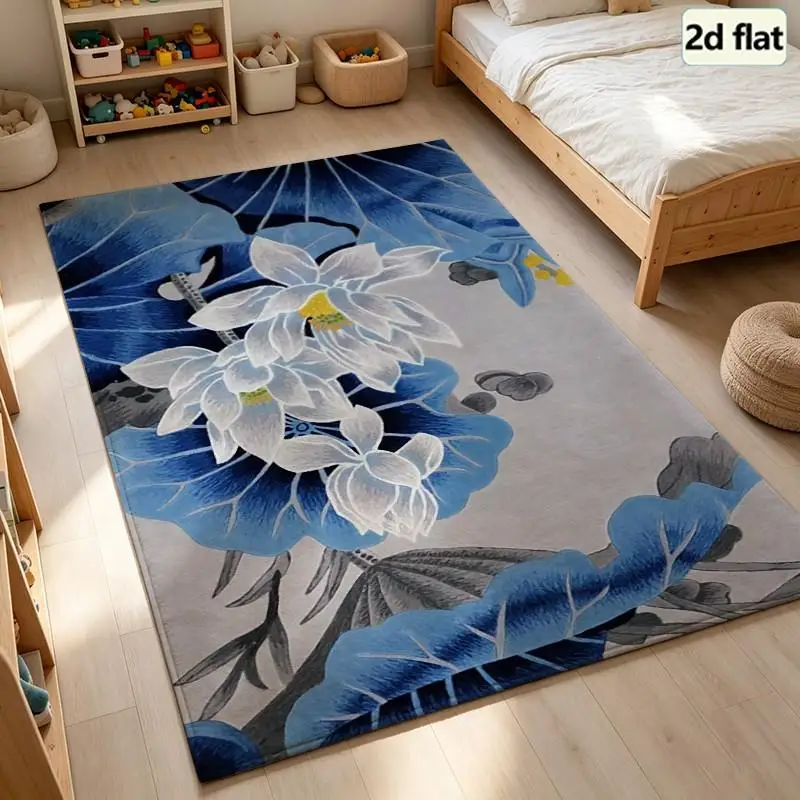 1 Piece Chinese Blue Lotus Ink Art Pattern Carpet, Soft Comfortable, All Seasons, Lightweight Easy To Maintain, Home Decor, Room Decor, Living Room, Bedroom, Dining Room, Winter, Autumn