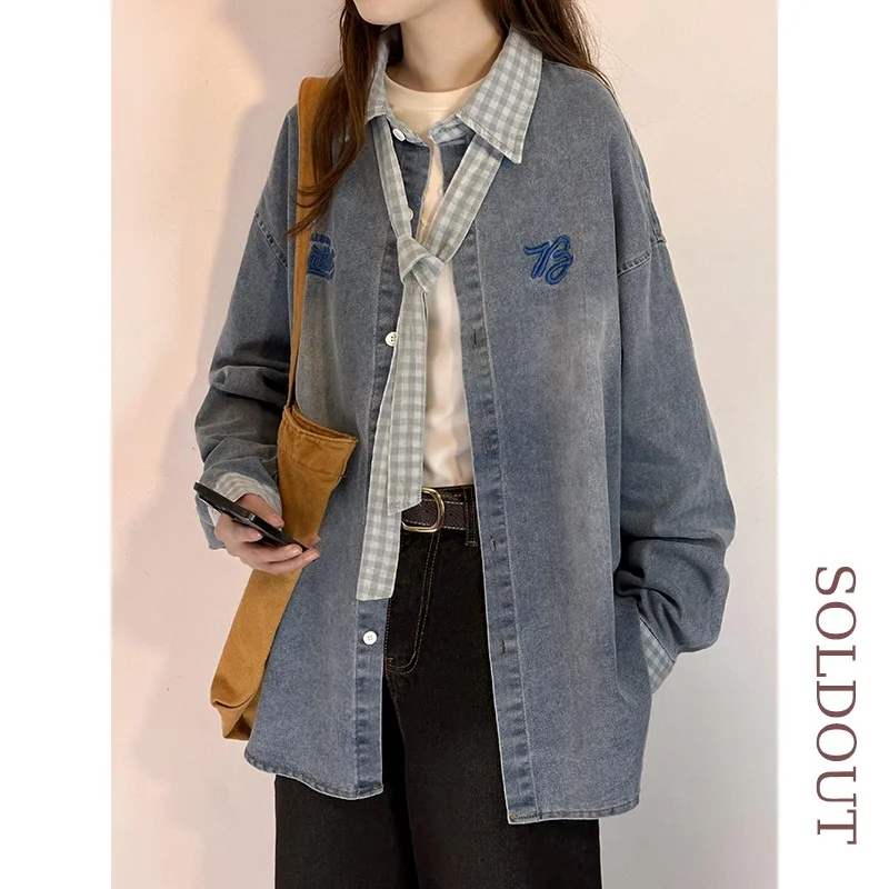 

Оригинальный американский ретро-дизайн, джинсовая рубашка с длинным рукавом, женская свободная верхняя одежда, новинка весеннего сезона, уличный стиль, вышитая хлопковая рубашка...