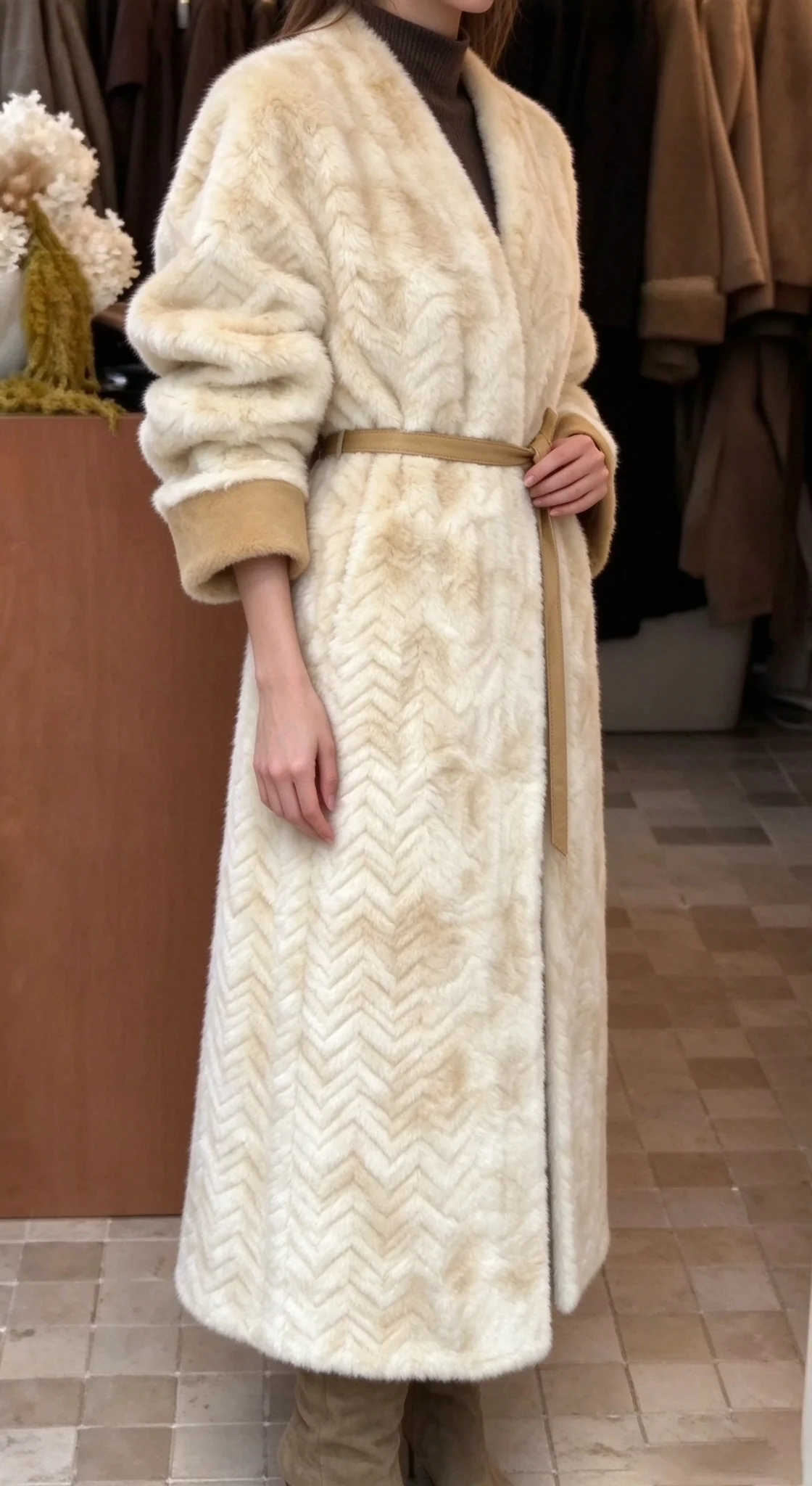 Women V Neck Faux Fur Long Coat Beige Chevron Texture With Belt Luxury Warm Winter Plush Outerwear With Pockets