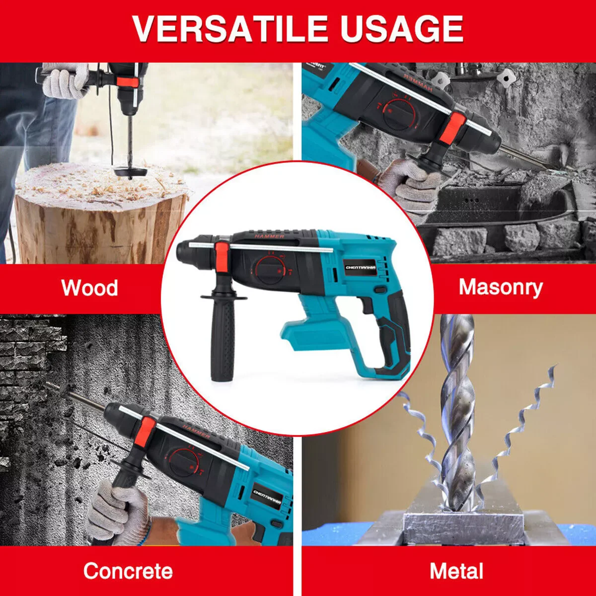 3000W Electric Rotary Cordless Hammer Drill 360° Rotating Handle SDS Chisel Set