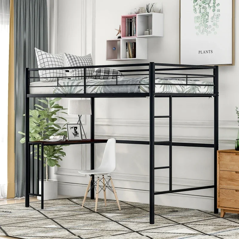 

Twin Metal Loft Bed with Desk, Ladder and Guardrails, Loft Bed for Bedroom, Black