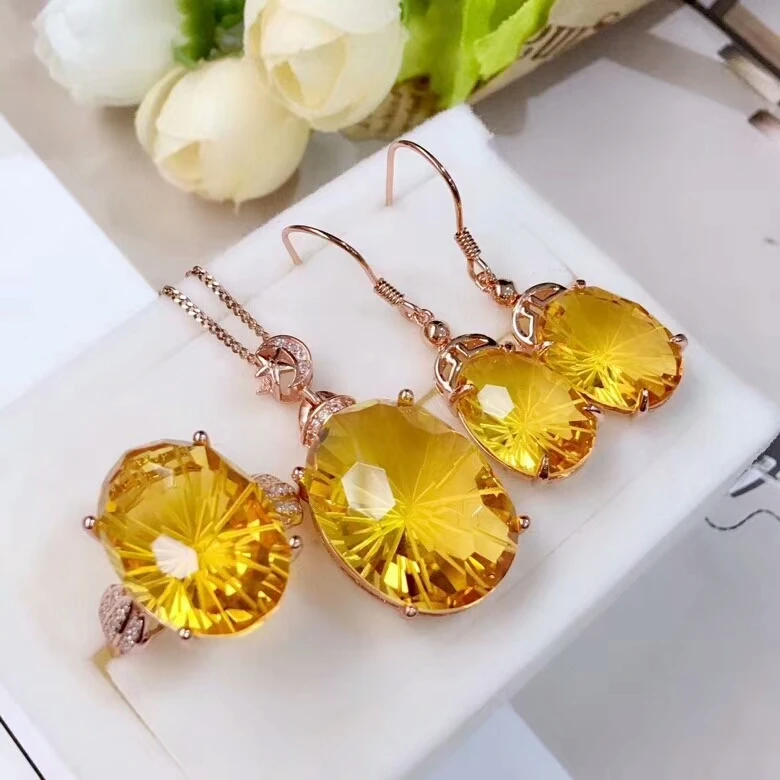 MeiBaPJ Natural High Quality Citrine Gemstone Fine Wedding Jewelry Set 925 Pure Silver Necklace Ring Earrings Suit for Women